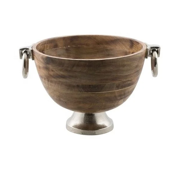 teak wood bowl with metal base and border