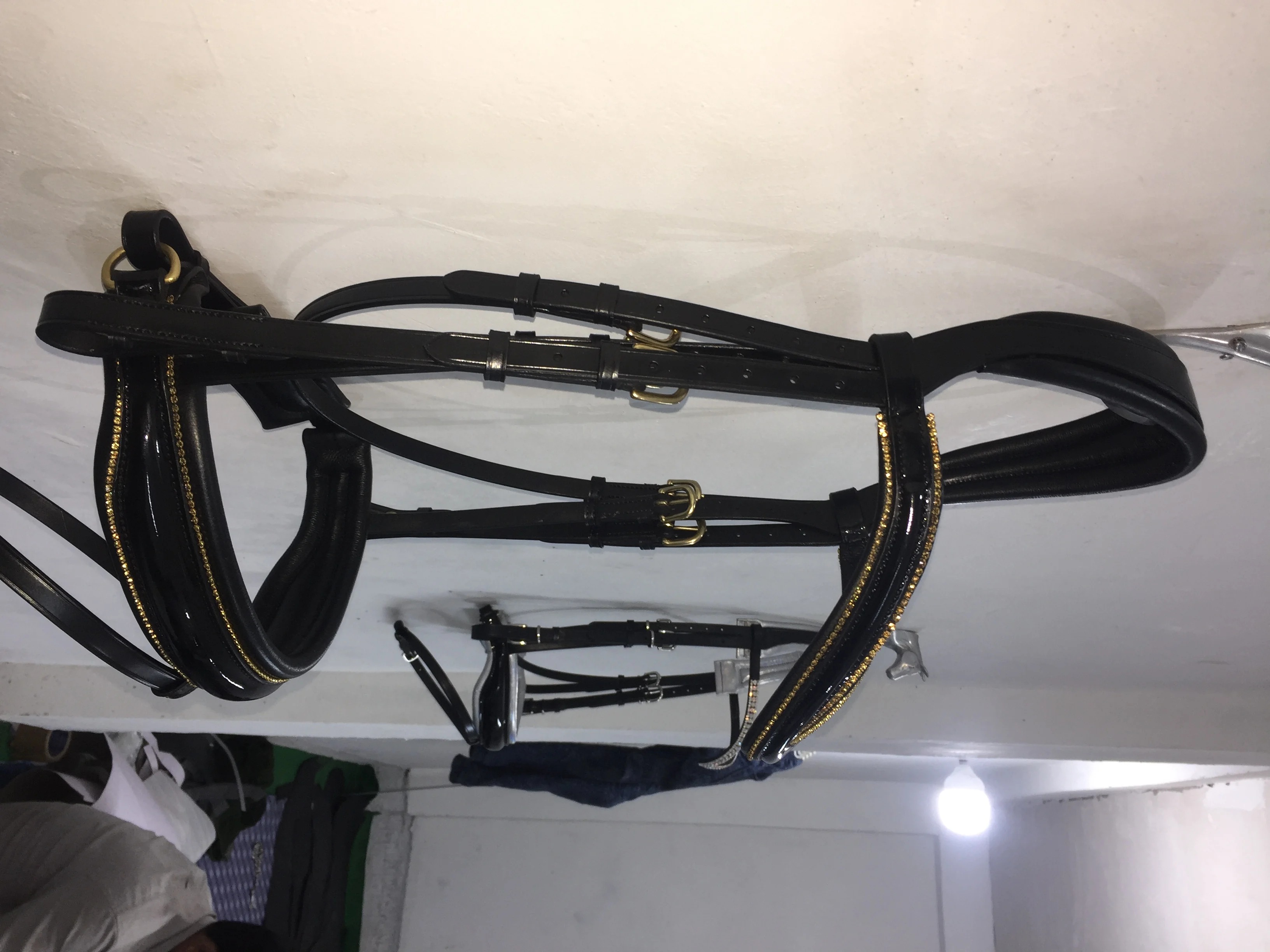 
Superior Quality Leather Dressage Bridle with Golden Crystals on Brow band and Nose band 
