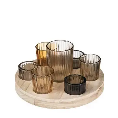 Handmade Metal Iron Round Tray Glass Tea Light Votive Holders Taper-shaped Candle Stand Home Decoration Wooden Candelabra Holder