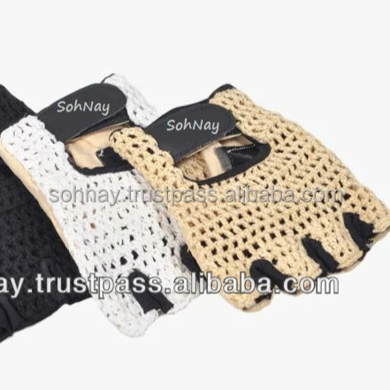 Bicycle Gloves Cycle Gloves with Leather Palm, Knitted Crochet Back Palm made by Leather Back Knitted Mesh Hook-and-loop