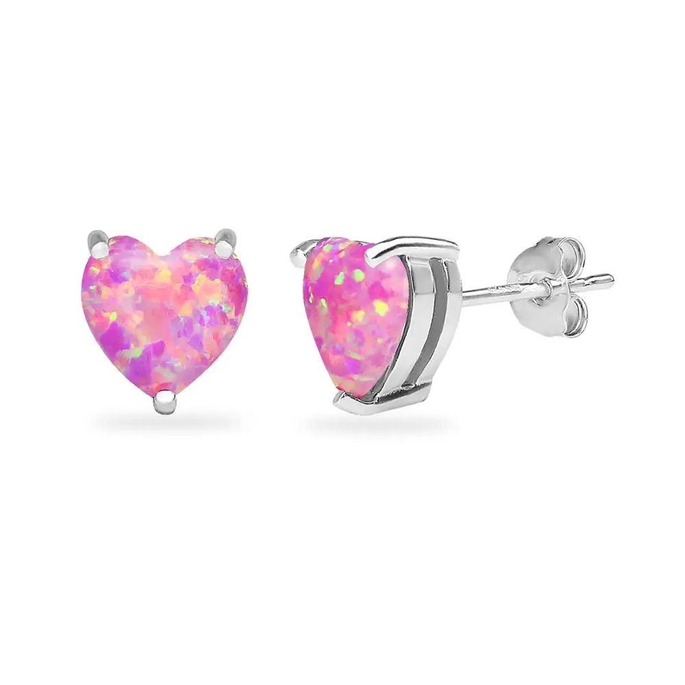 
925 Sterling Silver Synthetic Pink Opal 7mm Heart Shape Stud Earrings 