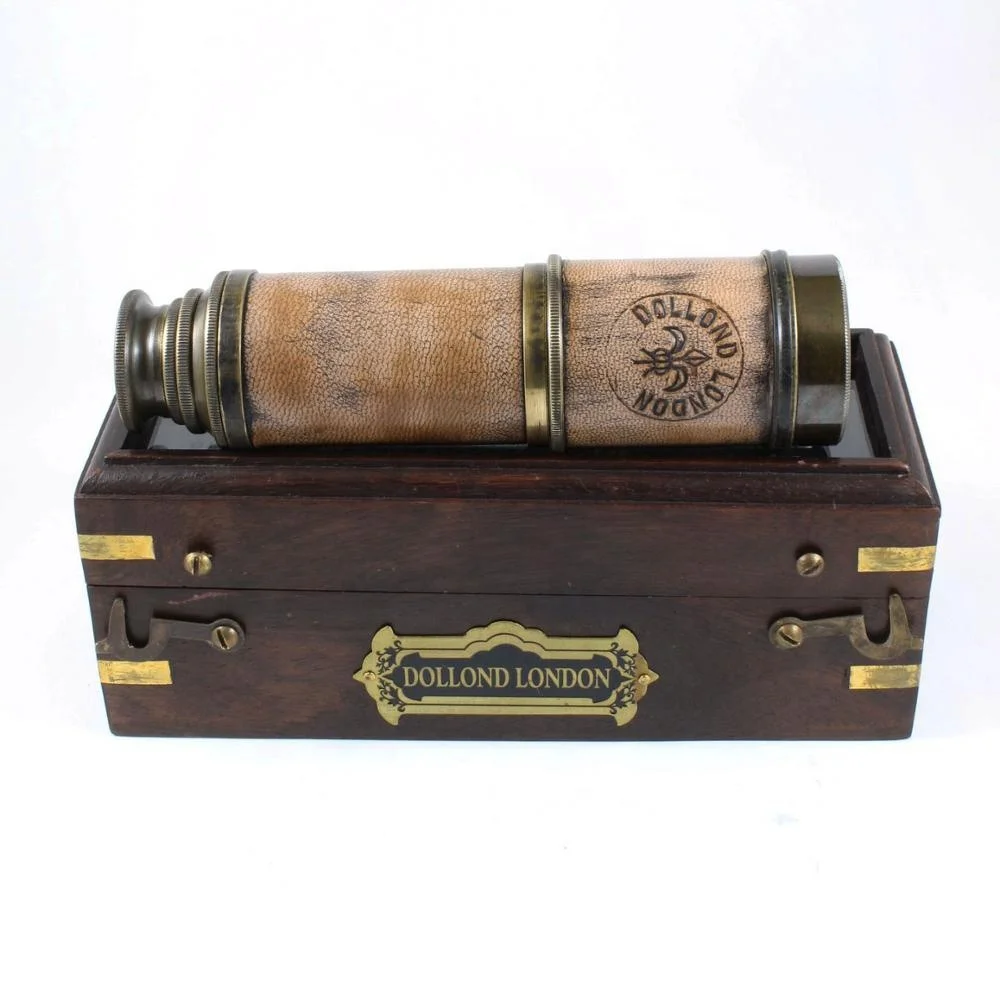 Dollond London Antique Vintage Finish Brass 18 Inch telescope in Wooden Square Box with Leather Grip