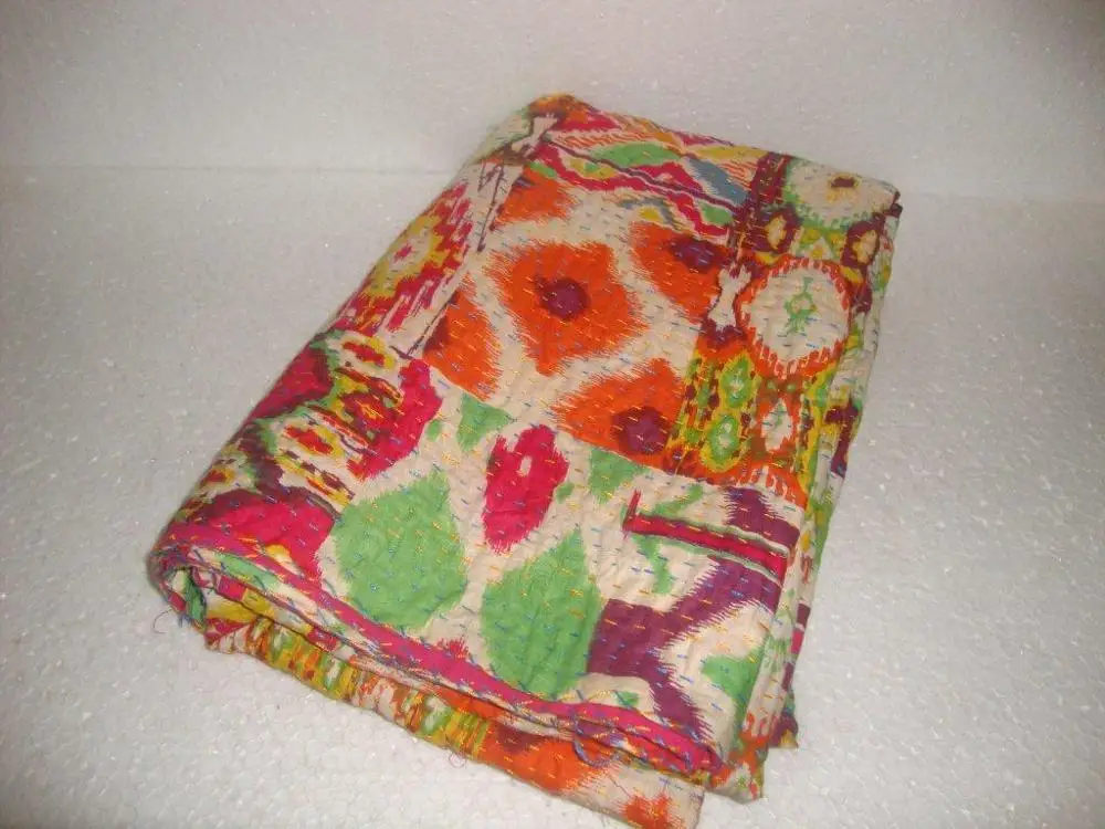 Handstitched Beautiful Multicolor with Pink Print kantha quilt Indian handblock print Reversible cotton Bedding Bedspread Kantha
