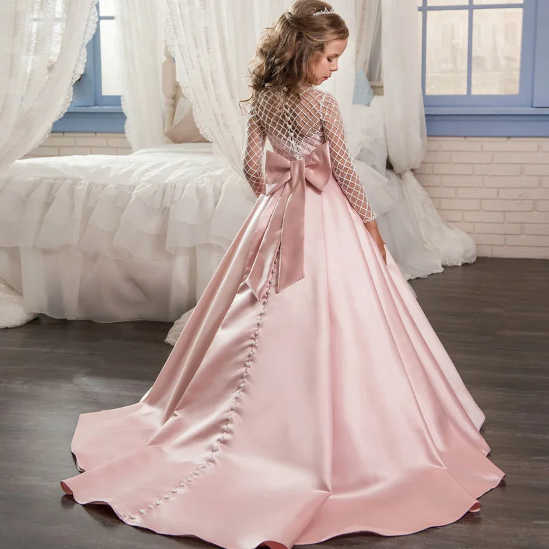 High Quality Lace Big Bow Pink Stain Little Girls Dresses For Wedding