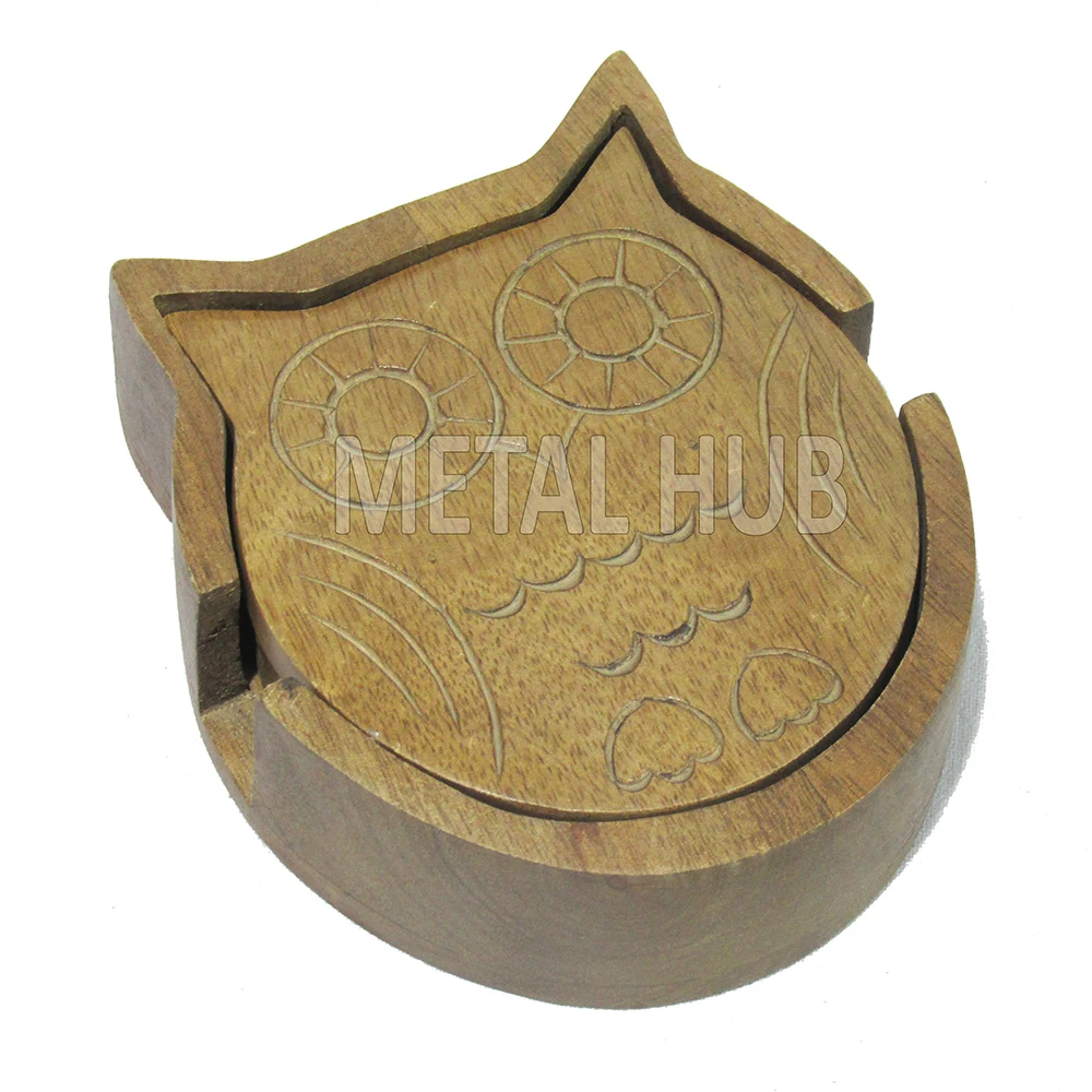 Owl Wooden Coaster S/4,  Acacia Wood Coaster, Mango Wood Coaster, Coaster With Owl Engraving Works