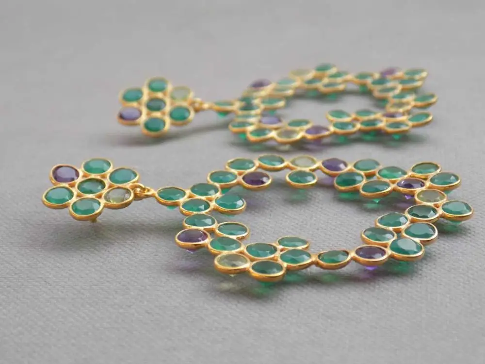 Handmade Natural Onyx Gemstones Earrings Women 925 Sterling Silver Gold Plating Multi-Stone Honeycomb Design Diamond Pearl