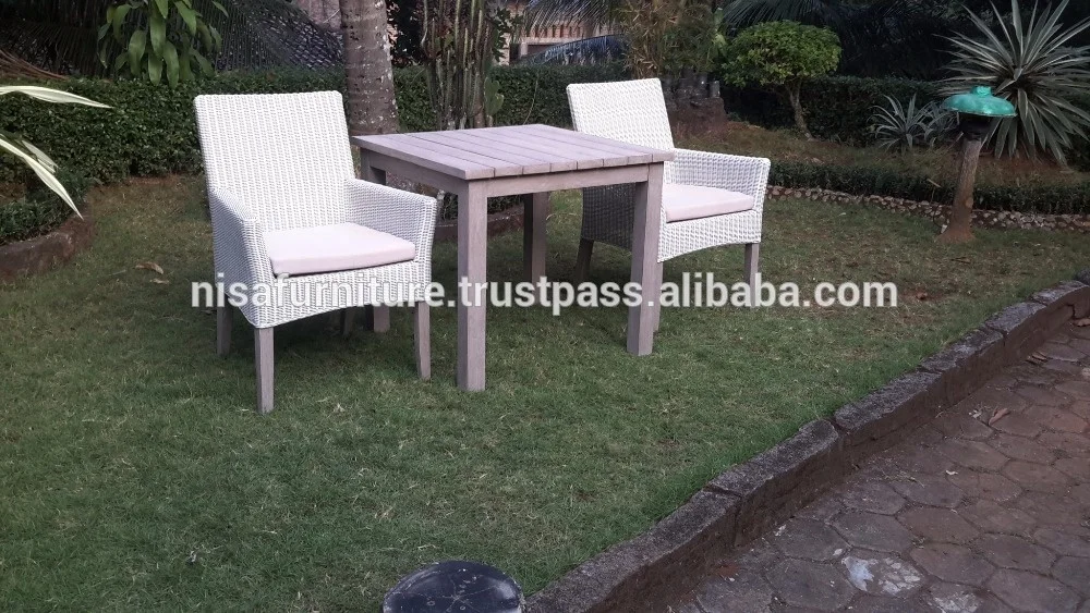 Modern Style Garden Teak Dining Table Set 2 Chairs Synthetic Rattan Material Outdoor Indonesia Furniture for Living Room Hotel