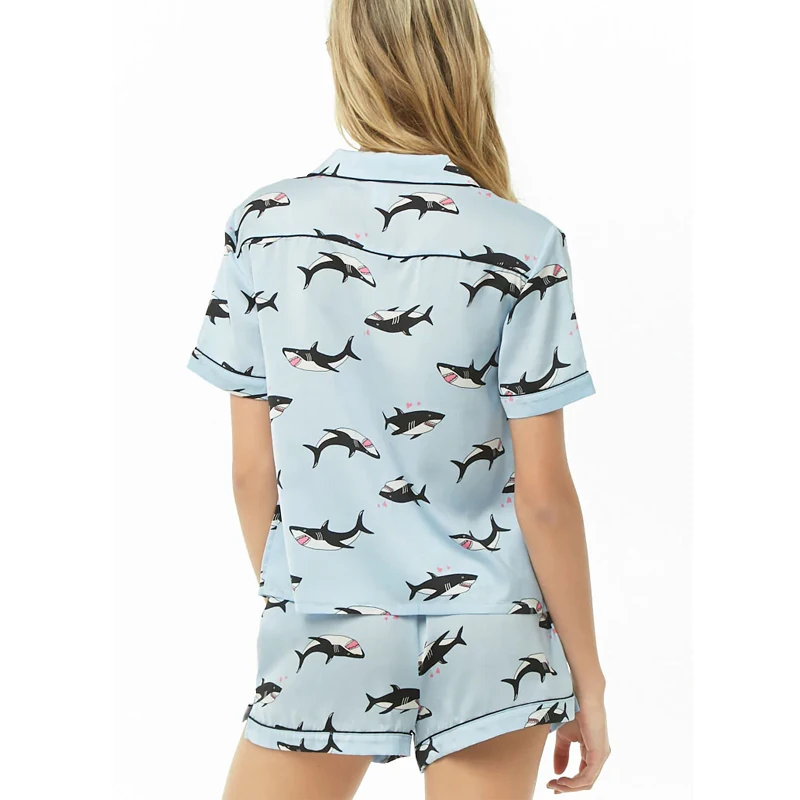 MGOO Customized Shark Graphic Pajama For Women Allover Print Short Casual Sleepwear Satin Nightwear With Piped Trim