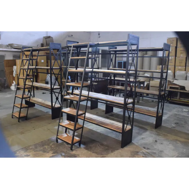 Solid Wooden Metal Industrial Vintage Design Huge Ladder Bookcase