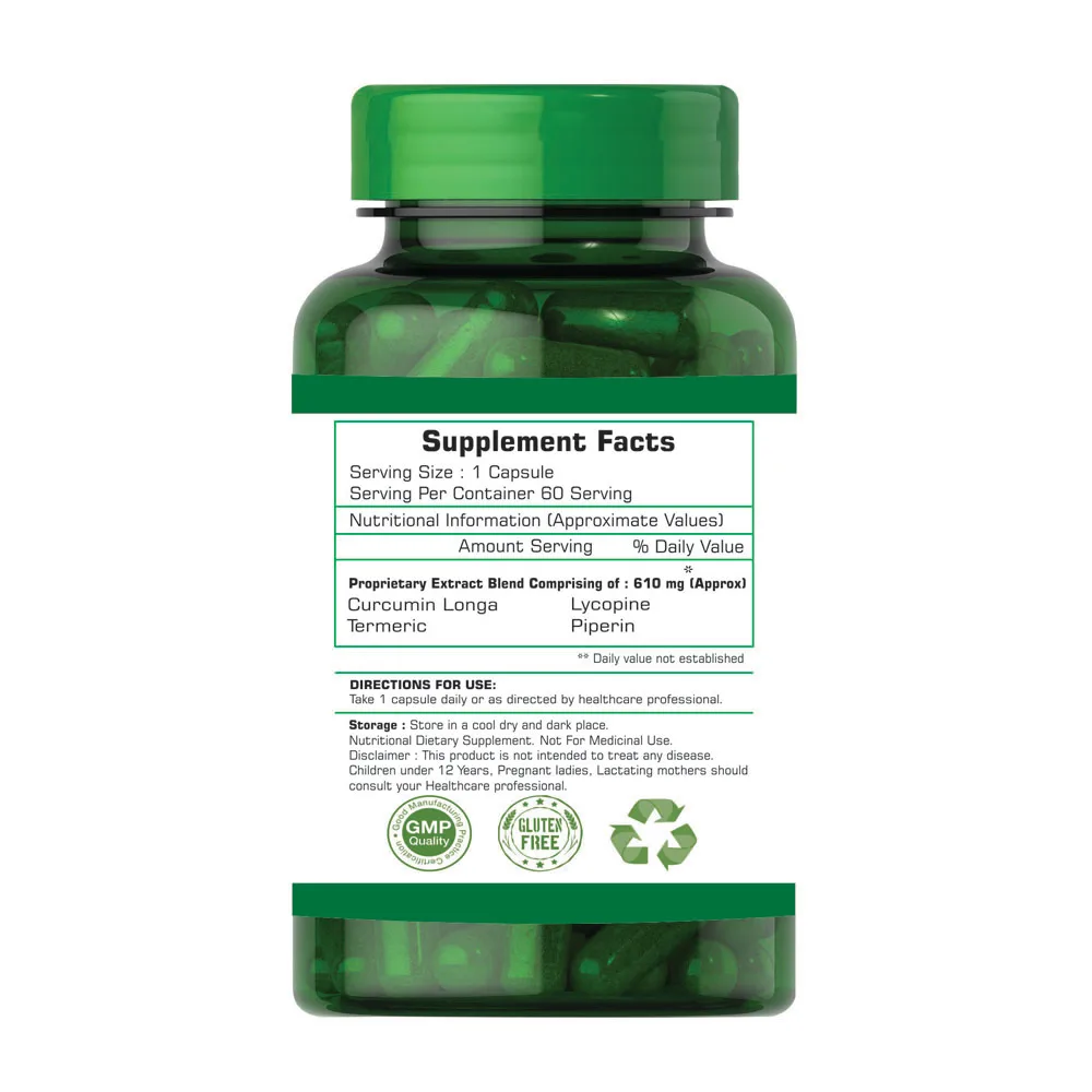 
Supplier Curcumin Extract antioxidant with Organic Turmeric (PIPERIN) and lycopene Herbkure Curcumin Capsules 