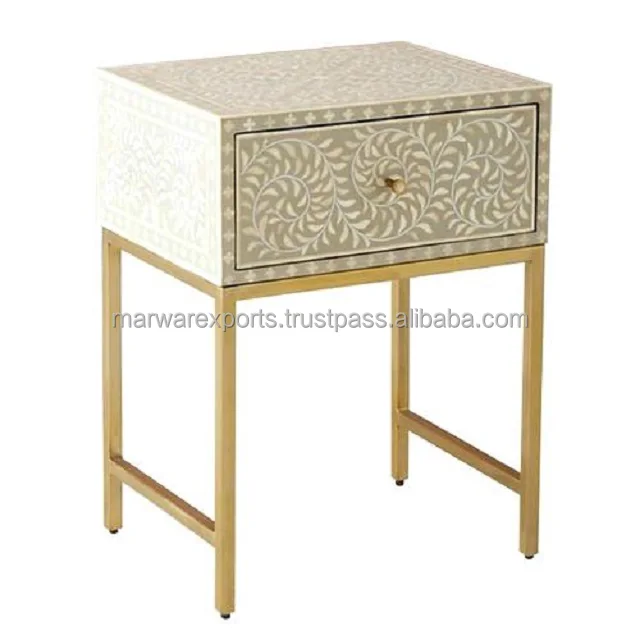 Luxury Bone Inlay Bed Side Table with iron stand Bone inlay Modern console table Trendy Coffee Table with Floral Style