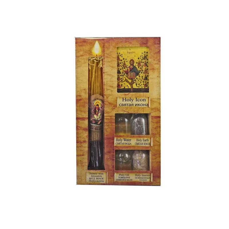 set of holy candle with 4 elements from the holy land and wooden icon