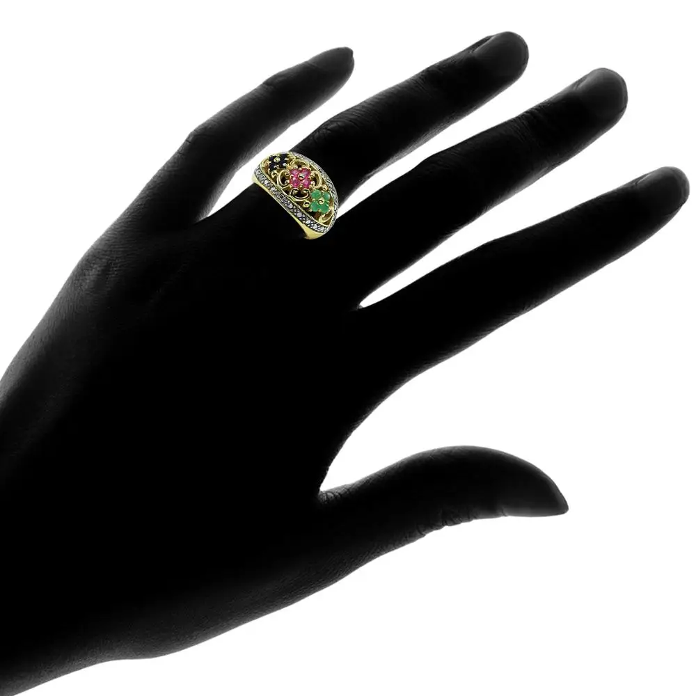 Yellow Gold Flashed Sterling Silver Stunning Natural Emerald Sapphire Ruby Flower Floral Ring