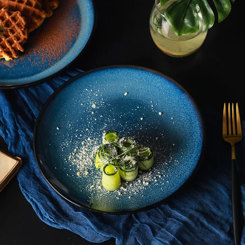 Керамический Fambe Комплектная посуда круглая плоская пластина синий глазурованная с постепенным увеличением пластина синего цвета в западном стиле десерт салат тарелка для стейка