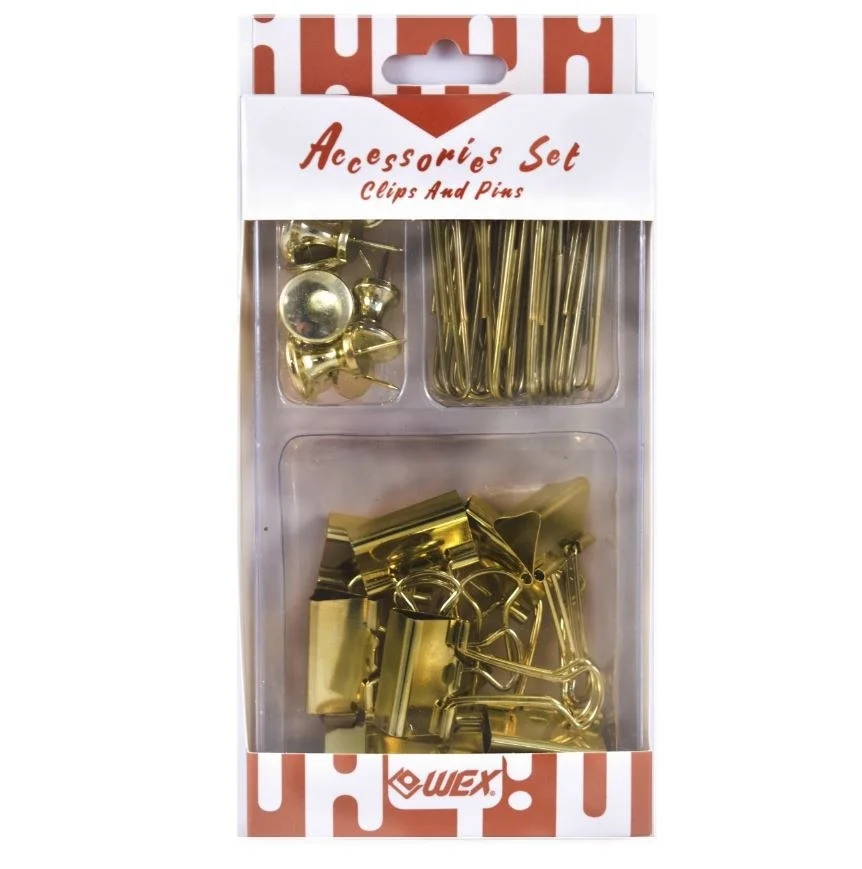 You need this Gold Color Vintage assorted paper binder clips pins in Storage Tray stationery set