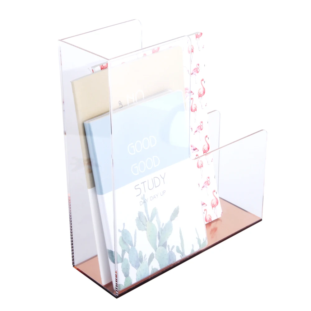 Custom Golden Base Office Acrylic Plexiglass Deskrop Magazine Holder Brochure File Organizer Holder