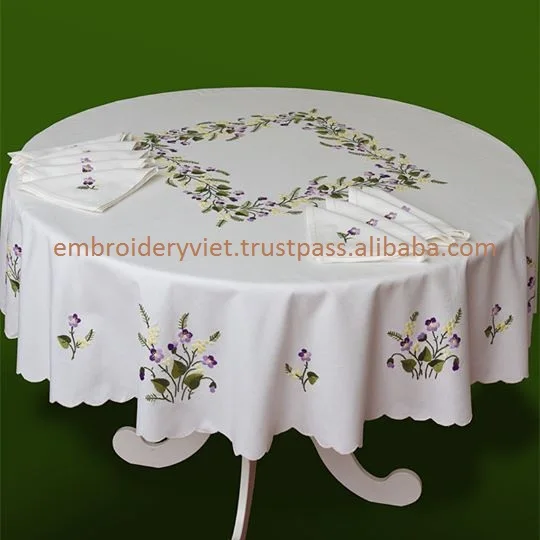 100% Cotton Hand Embroidery Round Table Cloth And Napkin