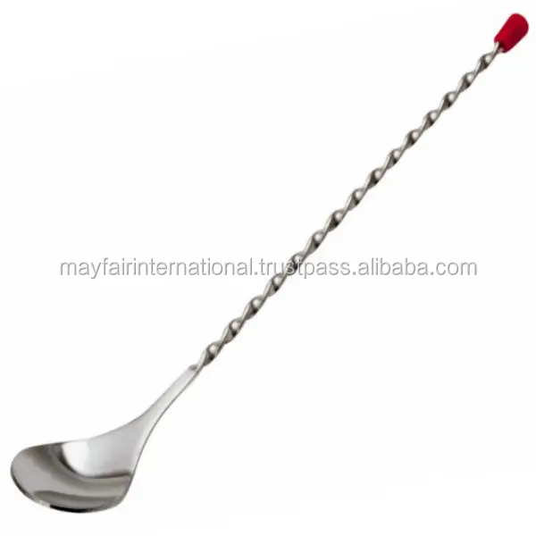 Barware Stainless Steel Red Knob Twisted Bar Spoon With Tear Drop Design