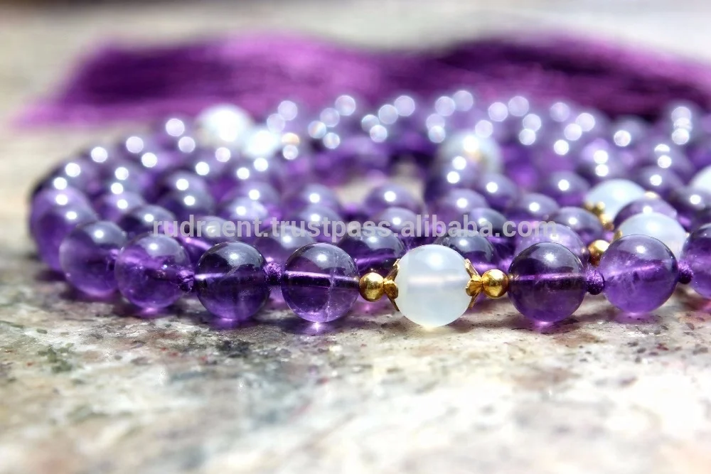Spiritual Gemstone 108 Beads Rosary Yoga Jewelry Amethyst Moonstone Meditation Mala Beads Tassel Long Necklace