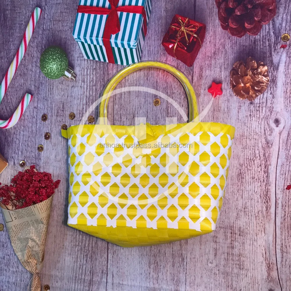 
Vietnam pp straw woven bags, plastic straw beach tote bag with PU handles, Handmade pp plastic shopping handbag 