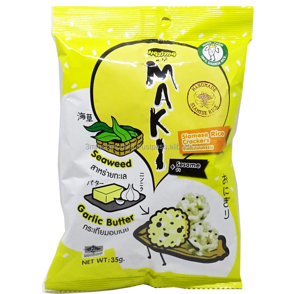 Halal Rice Thai Grain Snacks Wholesale Healthy Snacks Bags Package Chips Snack Chocolate Prawn Durian Wasabi Flavors 35g