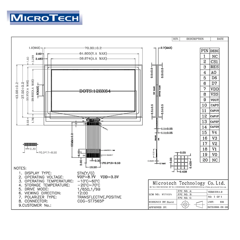 Graphic Matrix LCD Module 128x64  COG Type with Controller ST7565P