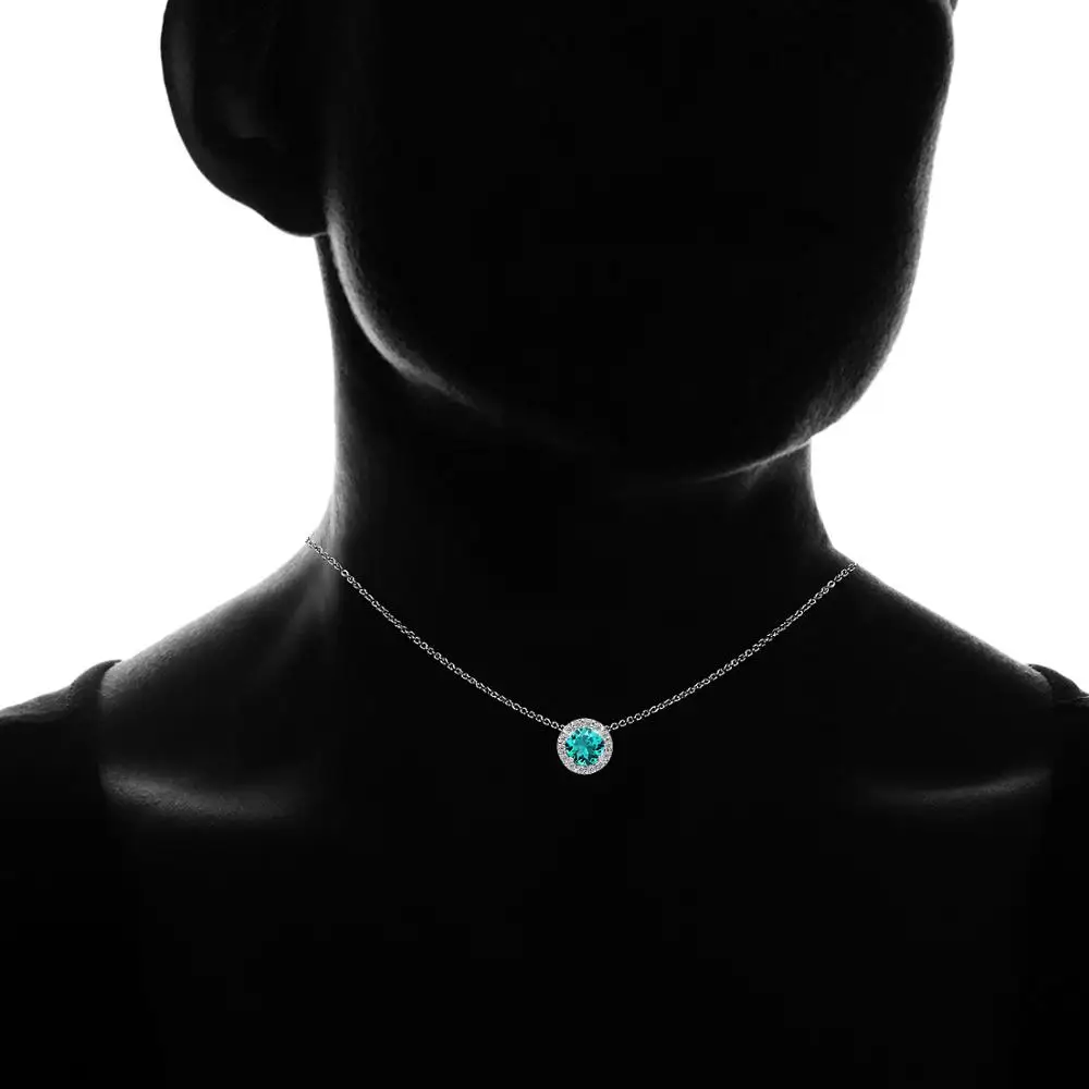 925 Sterling Silver Crystal Blue Zircon Round Halo Slide Short Choker Necklace
