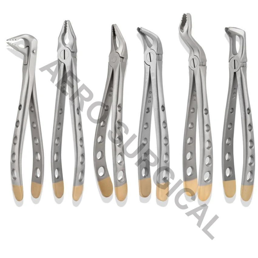 Набор из 6 щипцов для стоматологической экстракции с алмазным покрытием SandBlast серого цвета с золотым покрытием