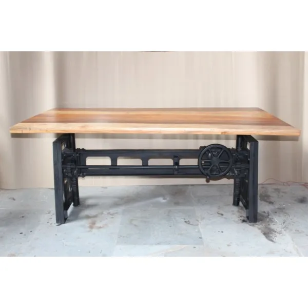 
Industrial & vintage Cast iron metal & solid wood Crank jack height adjustable Dining Table 