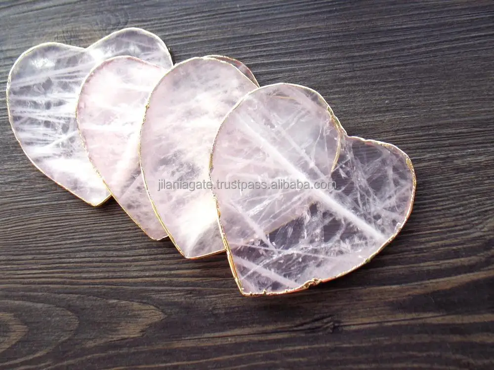 Wholesale Natural Stone Rose Quartz Agate Slices Gold Platted Table & Coaster Heart Pattern Chakra Style Hot Sale Items