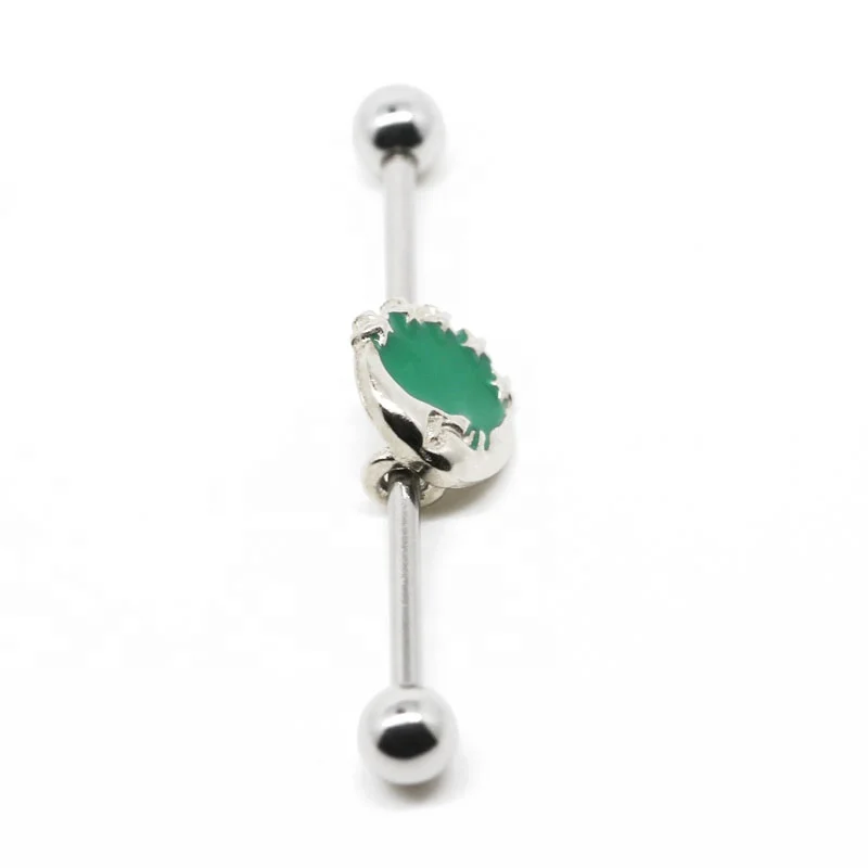 14G Green Enamel Zircon Silver Bar Ear Industrial Piercing Jewelry Industrial Barbell Earrings