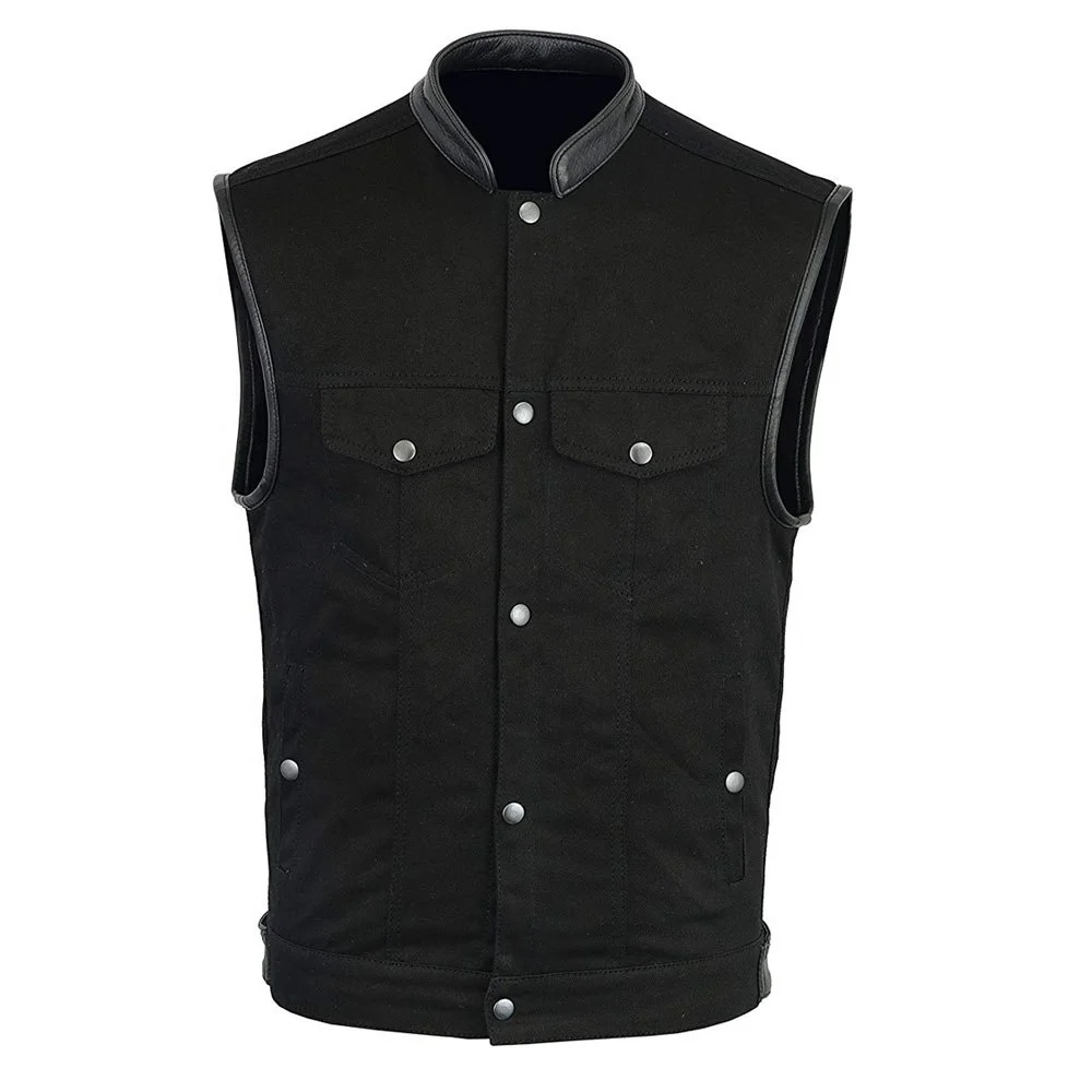 New Men Style Of Denim Biker Club Vest Wth Real Leather Trim Custom Design Men Black Leather Vest Custom Logo Motorcycle Biker
