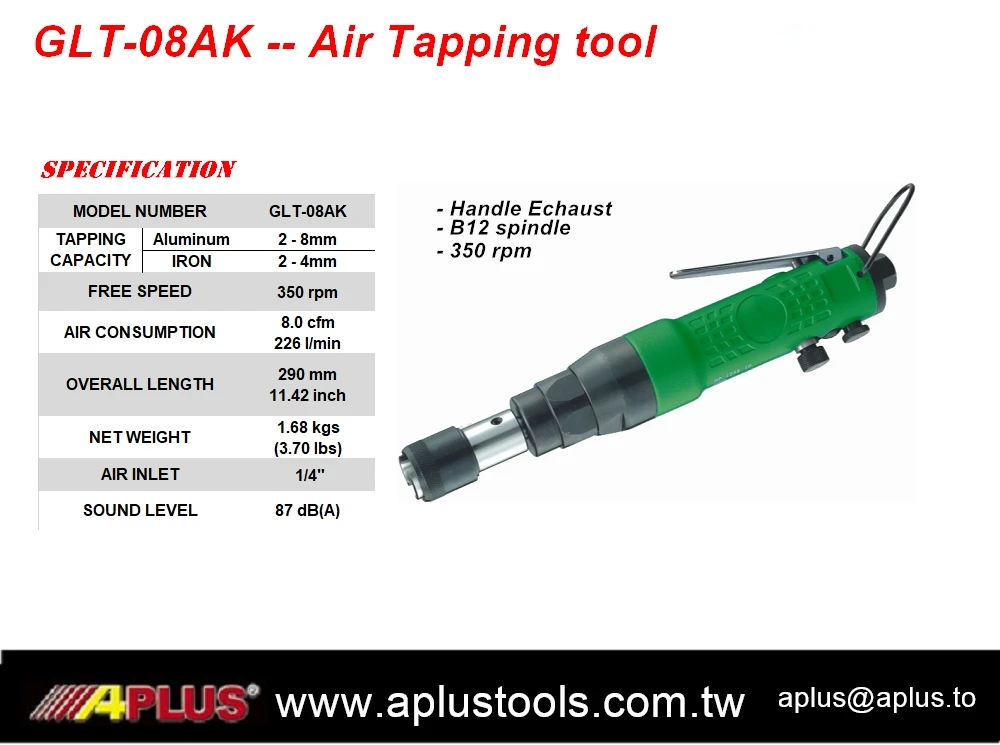 APLUS GLT-08AK air tapping tool, handle exhaust, B12 spindle thread, 350rpm