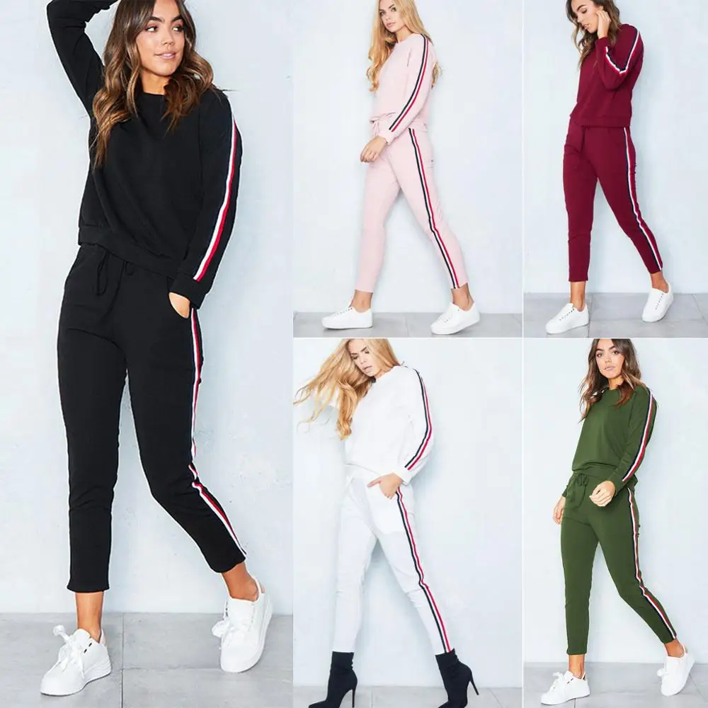 Women Fleece Tracksuit Custom Logo Long Sleeve Striped Fleece Sport Women Tracksuit