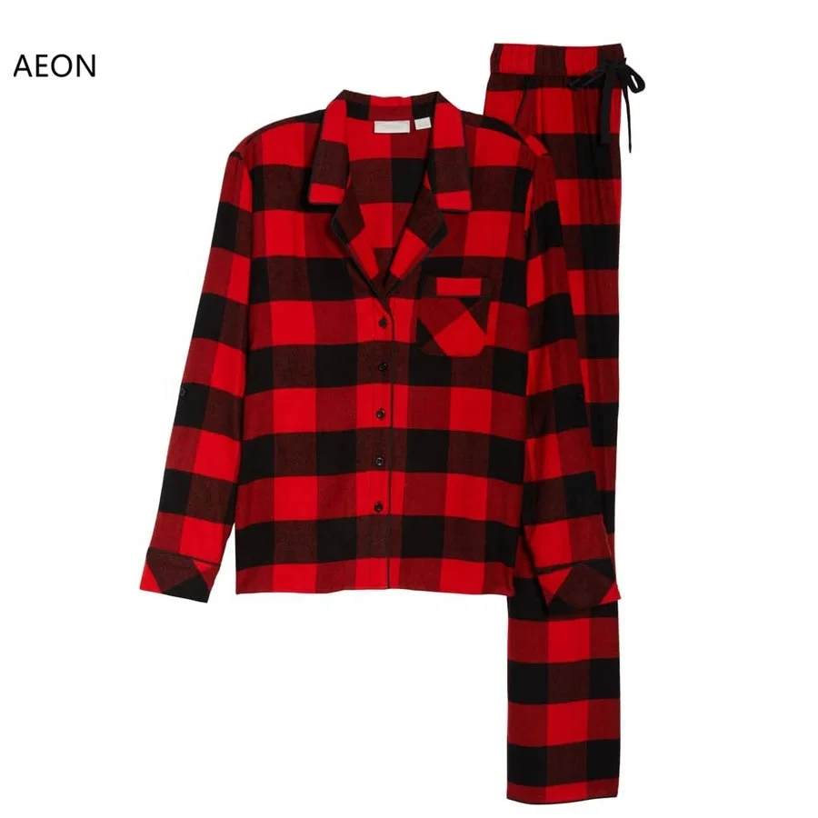 Wholesale women cotton pajamas set red plaid pants pajama bottoms plaid flannel shirts custom pj set