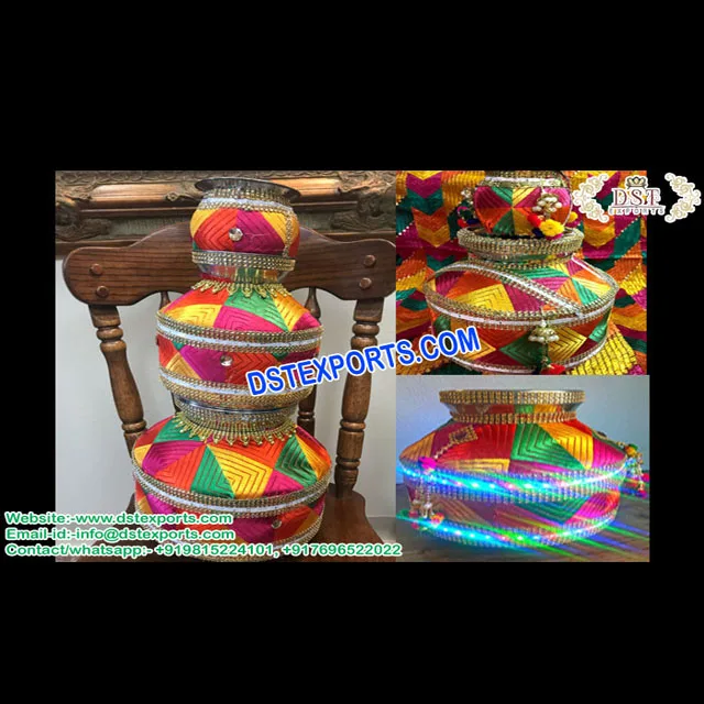 Traditional Phulkari Jaggo for Punjabi Wedding Tripple LED Jago Pot Wedding Decorated Light Fitted Jago