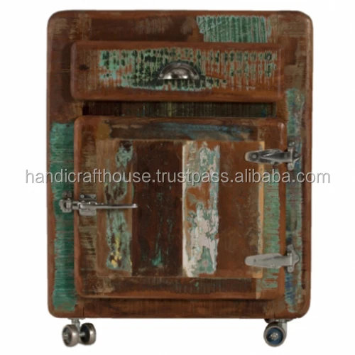 Industrial & vintage reclaimed wood Nightstand/Bedside Table with Wheels