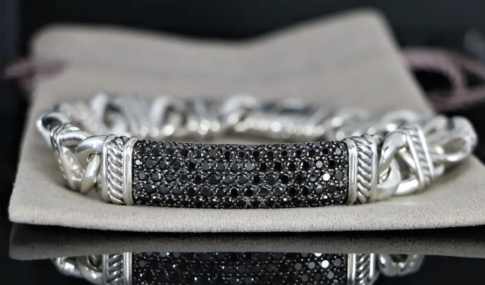 Cable Link Bracelet Diamond Sterling Silver Men's Black Natural Diamonds Chain & Link Bracelets AA , AAA Amd AAA+ 8.5 Inches