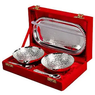 German Silver Bowl with Spoon & Tray 9 pics Set with  Velvet Box These items have antique elegant design that gives addition