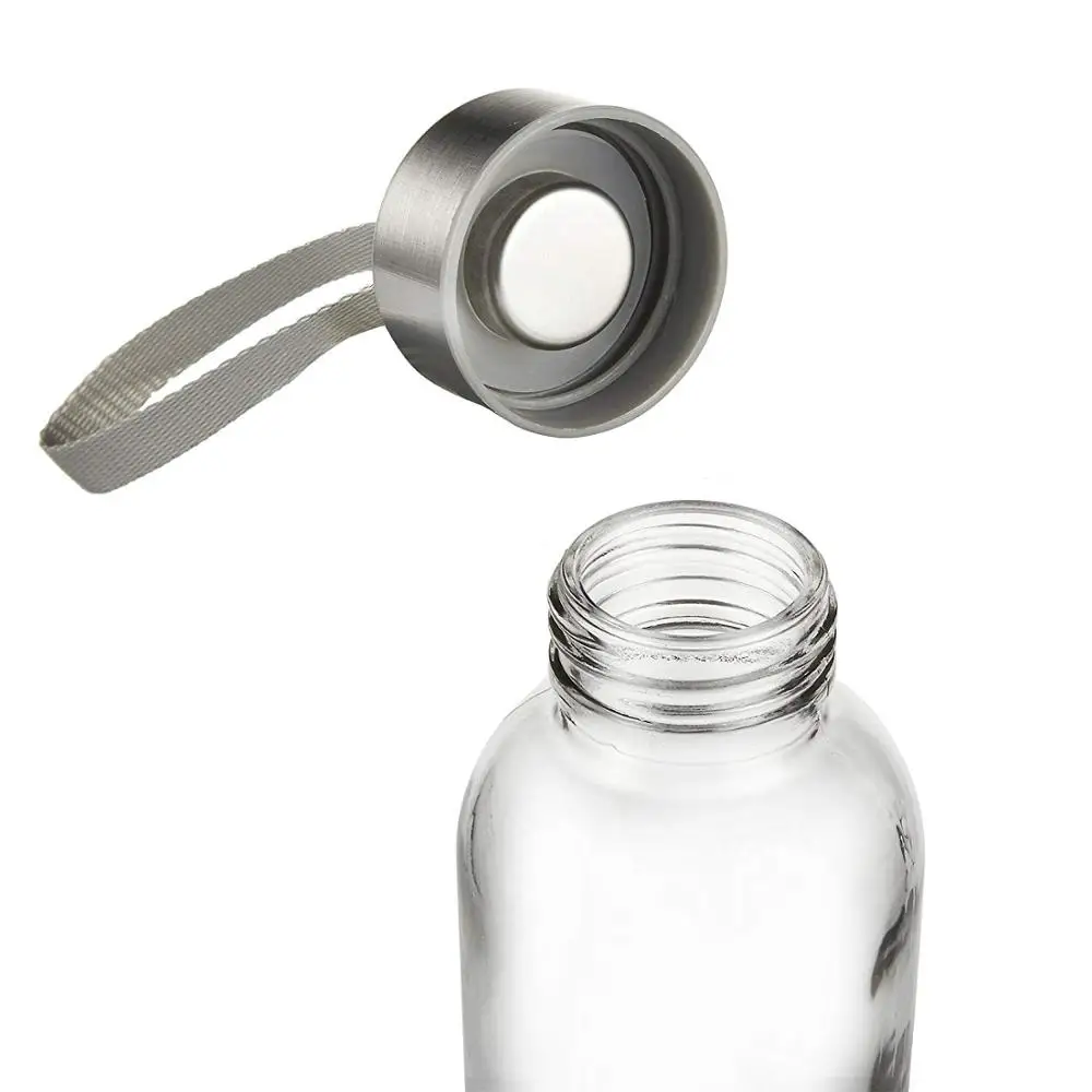 500ml empty  drink glass bottle  with stainless cap  hange rope beverage bottle for sale