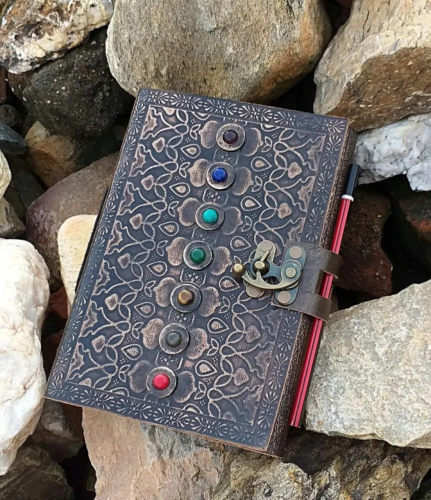 Antique leather cover seven stones , chakra note book OR journal or sketch book with latch For gift him or her in real leather