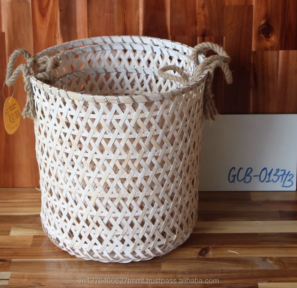 Новый стиль белая бамбуковая корзина для мытья с джутовой ручкой
