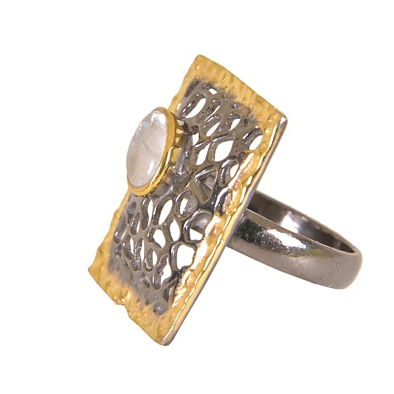Rainbow Moonstone Gemstone Ring 925 Sterling Silver Gold Plated Filigree Jewelry