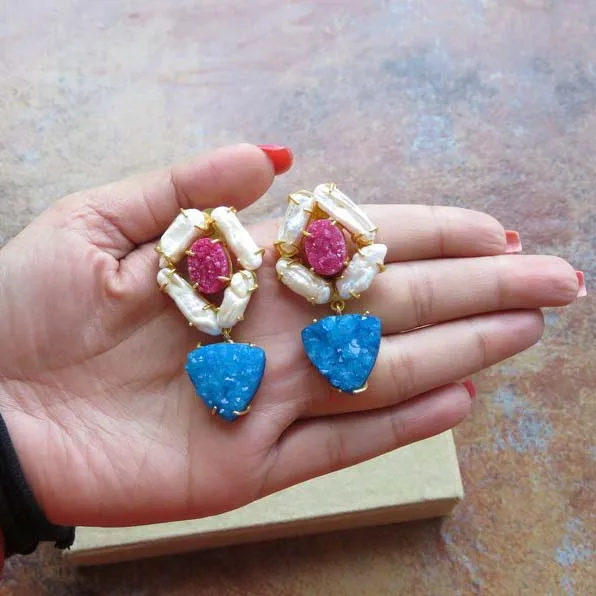 White Pearl Dangle Earrings Pink, Blue, Druzy Handmade Gemstone Earrings