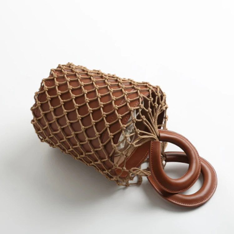 2021 Hot Genuine Cow Leather Net Handmade Tote Women Handbag Woven  Bucket Bag