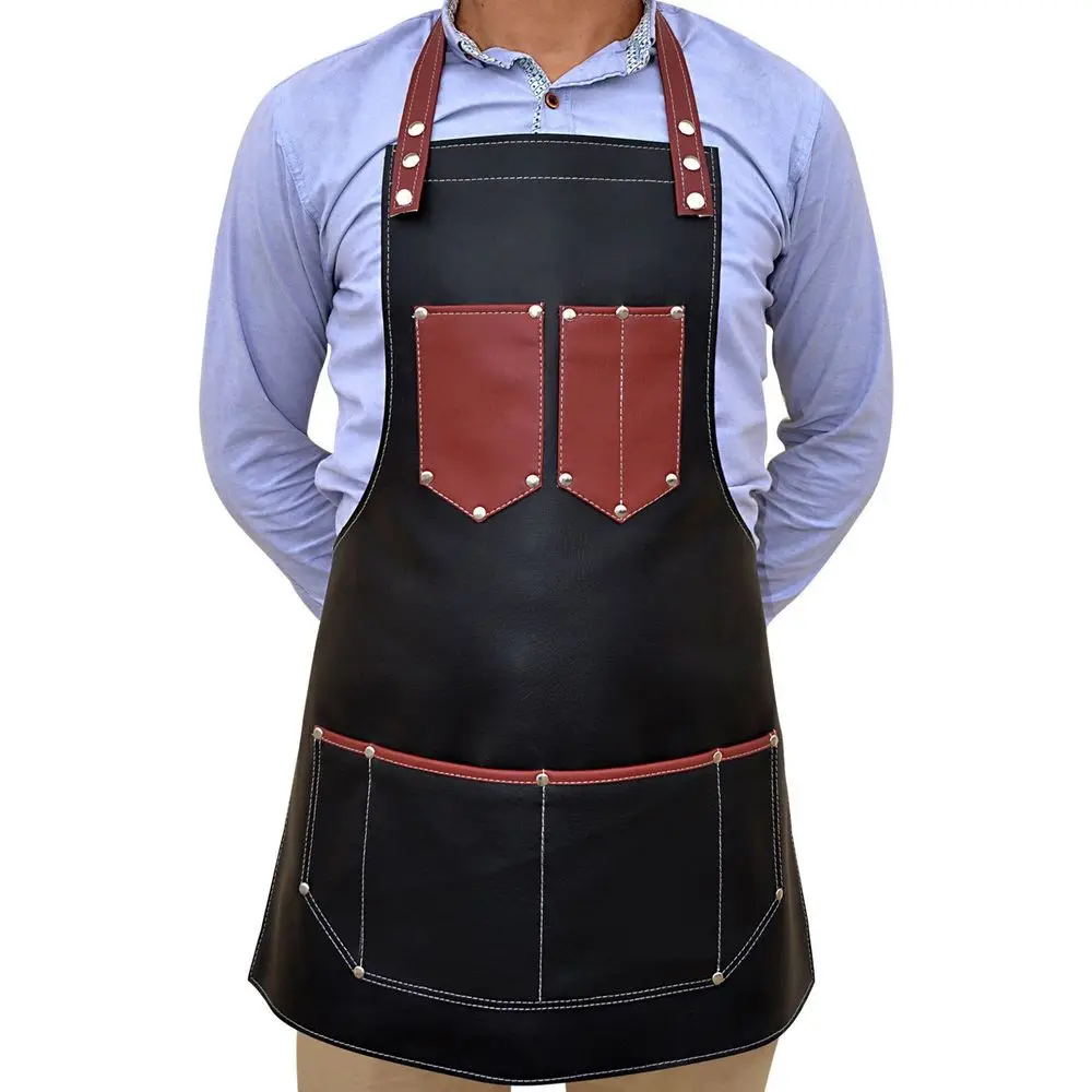 Cheap bulk wholesale cotton denim kitchen apron PU leather adjustable cross back bib aprons