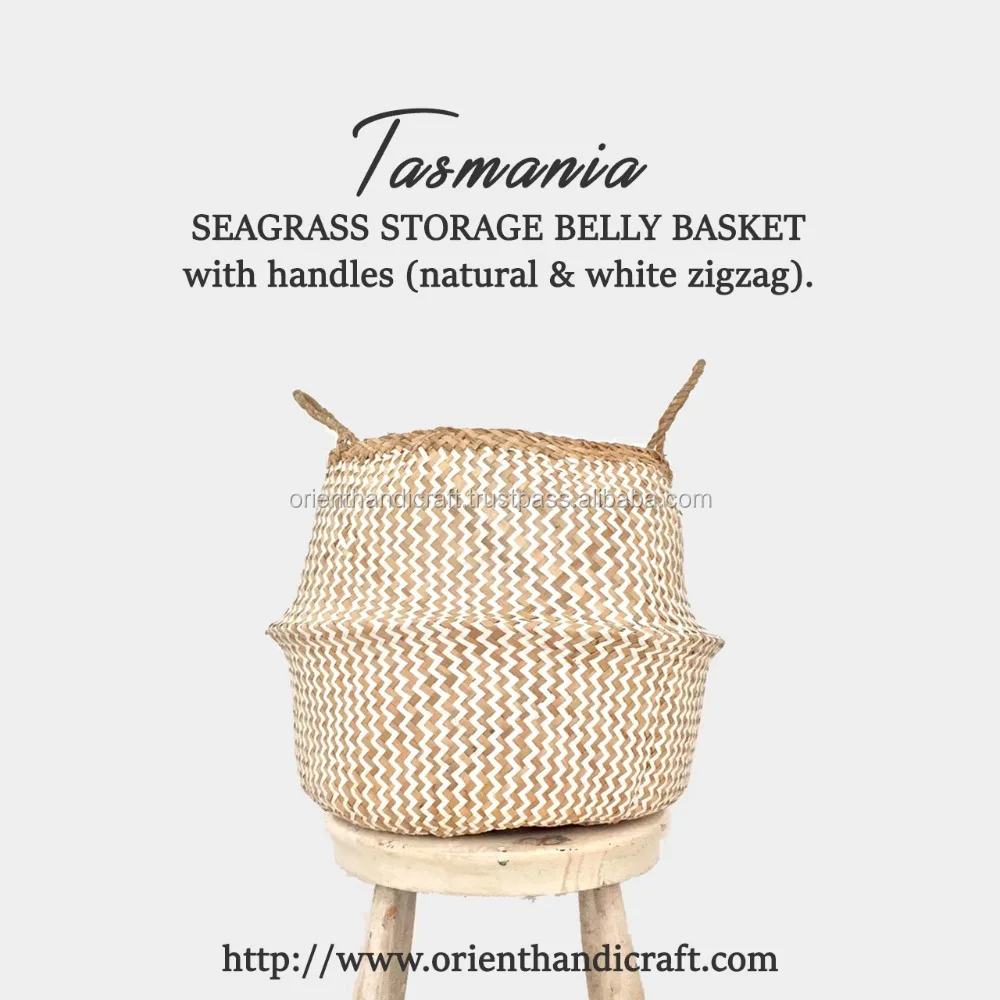 TASMANIA High Quality Seagrass Storage Belly Basket Vietnam Handmade (Natural & White Zigzag)
