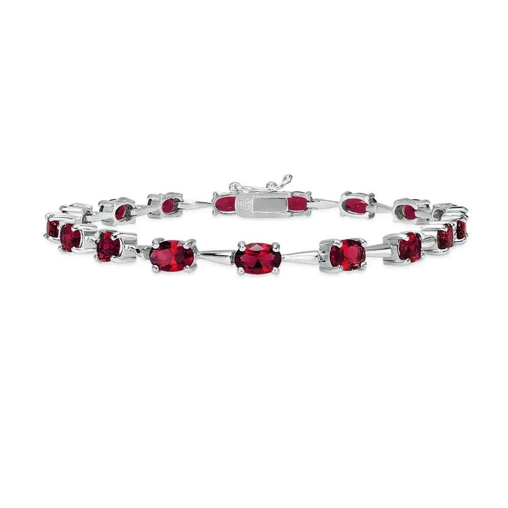 925 Sterling Silver Created Ruby Gemstone 6x4mm Oval-cut Link Tennis Bracelet