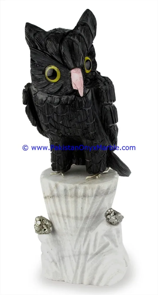 Stone carving marble birds owls statue sculpture figurine handcarved natural stone black white fossil red beige