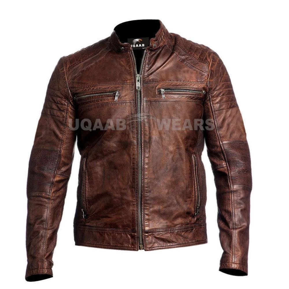 Мужская Байкерская винтажная мотоциклетная потертая Коричневая Кожаная куртка Cafe Racer повседневная куртка из натуральной кожи гоночный стиль OEM